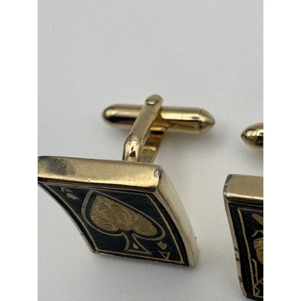 Vintage Damascene Cufflinks King Ace Spades Playing Card Poker 1960s Swank